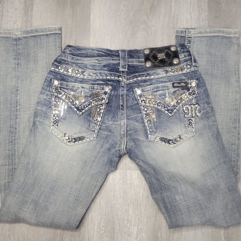 Miss Me Light Blue Boot Cut Jeans with Silver Embellishments